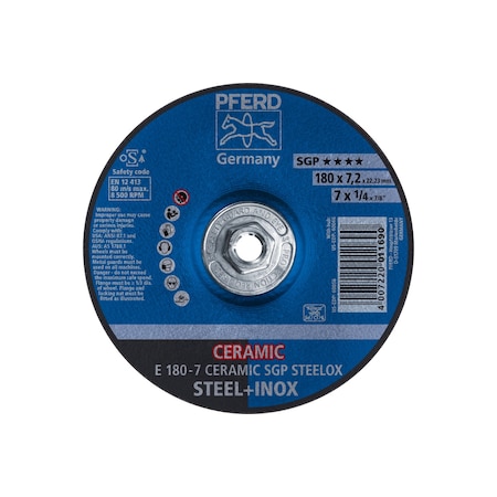 Pferd Grinding Wheel, T27, 7"x1/4"x5/8"-11", Type 27, 7 in Dia, 1/4 in Thick, 5/8 in-11 Arbor Hole Size 60066
